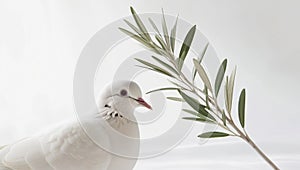 A white dove with an olive branch symbolizing peace. isolated on a white background. photo