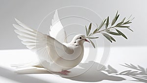 A white dove with an olive branch symbolizing peace. isolated on a white background. photo