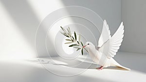 A white dove with an olive branch symbolizing peace. isolated on a white background. photo