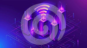 Symbol of wireless internet on a ultraviolet background, depicting a smart city with wireless network technology. Image