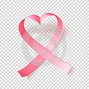 Symbol of world breast cancer awareness month in october. Pink ribbon over transparent background. Heart shaped. Vector