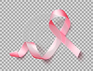 Symbol of world breast cancer awareness month in october . Realistic pink ribbon over transparent background. Vector