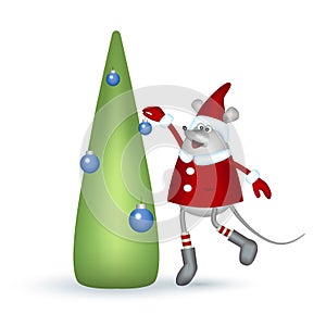 Symbol of the year. Cartoon gray mouse. Girl in a red coat, hat, socks and mittens decorates Christmas tree.