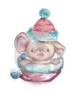 Symbol of the year cartoon illustration of a cute little mouse. Watercolor.