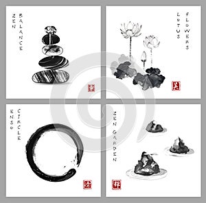 Symbol of zen. Zen balance, enso zen circle, lotus flower and zen garden on white background. Hieroglyph - zen, beauty