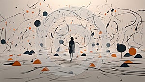 Symbolic and abstract A minimalist illustration shows a person stumbling through a storm of abstract shapes