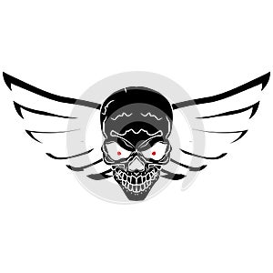 Symbolic biker sign - a skull with wings. Black silhouette. Vector graphics. Hand drawing