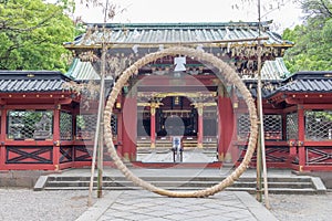 A symbolic circle of sacred rope, or shimenawa, at Nezu Shrine, Ueno, Tokyo, Japan
