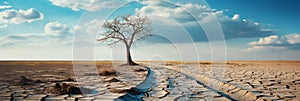 Symbolic climate change dead trees on cracked, parched earth, reflecting prolonged drought.