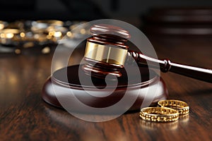 Symbolic decision Judge gavel and wedding rings, representing divorce proceedings