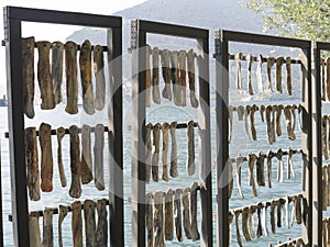 Symbolic display of traditional sardine drying on the lakeside of Montisola, Italy photo