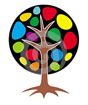 The symbolic drawing of the tree of life logo. Ecology. Green, red, yellow, blue and orange colors.