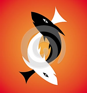 The symbolic drawing of two fish black and white on a orange background. Zodiac sign, symbol.