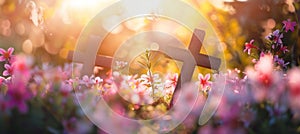 Symbolic easter scene cross on empty tomb at sunrise in peaceful meadow setting