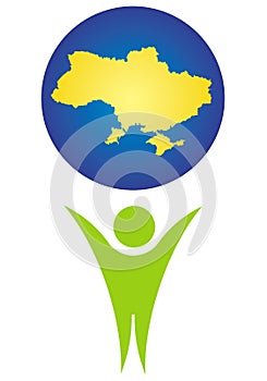 The symbolic figure of a man holds a globe with the outline of Ukraine.