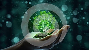 Symbolic green tree in human hands on blurred background. Respect for nature, sustainable energy, care for the