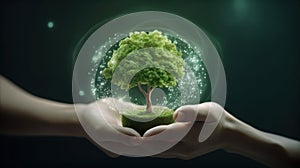 Symbolic green tree in human hands on blurred background. Respect for nature, sustainable energy, care for the