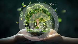 Symbolic green tree in human hands on blurred background. Respect for nature, sustainable energy, care for the