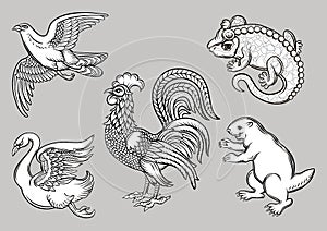 Symbolic heraldic animals and birds.