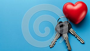 Symbolic homeownership keys, heart keyring, copy space for real estate love ownership concept