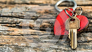 Symbolic homeownership pair of keys with house shaped keyring and red heart pendant