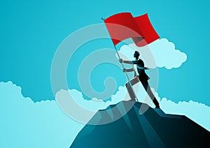 Symbolic illustration of a businessman standing atop a mountain raising a red flag