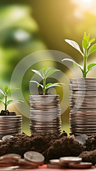 Symbolic image of financial growth with young plant sprouting from soil