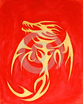 Symbolic image of a golden Chinese dragon on a red background