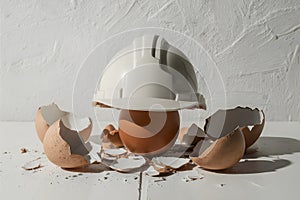 Symbolic image of a hard hat on an egg, representing fragility and safety