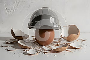 Symbolic image of a hard hat on an egg, representing fragility and safety