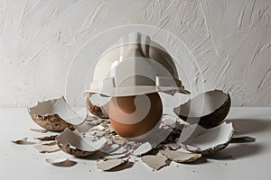 Symbolic image of a hard hat on an egg, representing fragility and safety