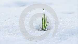Symbolic image of new beginnings lone grass blade among melting snow