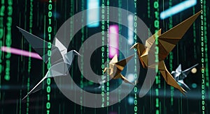 Origami cranes flying in digital matrix with binary code background, innovation concept.