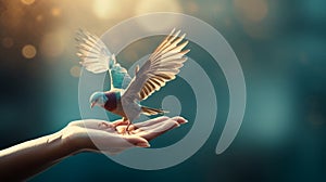 Symbolic image of a person\'s hand releasing a bird