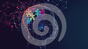 An abstract vector design illustrating the human head profile with a jigsaw puzzle piece fitting into the brain. Generative AI photo