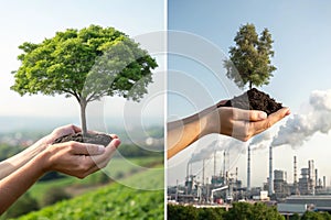Tree in two hands with very different environments - Earth Day concept photo