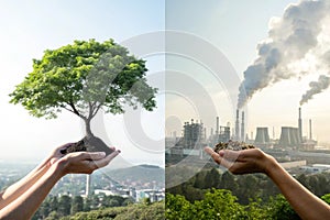 Tree in two hands with very different environments - Earth Day concept photo