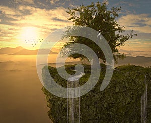 Symbolic image of the Tree of Life standing high above the mountains