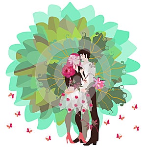 The symbolic image of the tree of life with the trunk in the form of a hugging young happy couple and pink butterflies