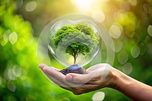 Earth Day tree heart growing on glass globe photo