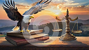 Symbolic Legal Justice. Depiction of Court System with Eagle, Scales, and Law Books