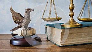 Symbolic Legal Justice. Depiction of Court System with Eagle, Scales, and Law Books