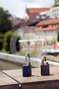 Symbolic locks of broken love Butcher's Bridge on Ljubljanica R photo