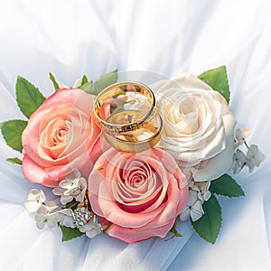 Symbolic love Golden wedding rings on white and red roses