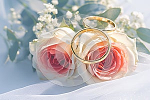 Symbolic love Golden wedding rings on white and red roses