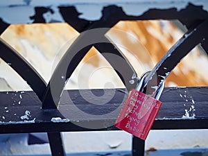 Symbolic love padlocks railings bridge Cincinnati