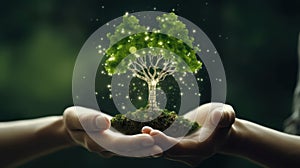 Symbolic magic green tree in human hands on blurred background. Respect for nature, sustainable energy, care for the