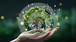 Symbolic magic green tree in human hands on blurred background. Respect for nature, sustainable energy, care for the
