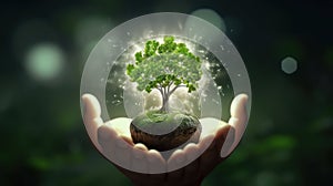 Symbolic magic green tree in human hands on blurred background. Respect for nature, sustainable energy, care for the