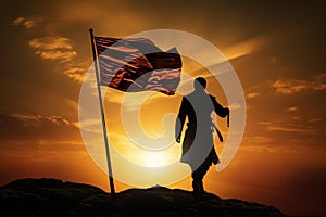 Symbolic Man holding flag sunset. Generate Ai